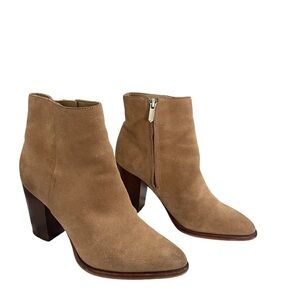 Sam Edelman Suede Tan Chunky Heel Ankle Booties Size 6 Beige Cowboy Side Zip